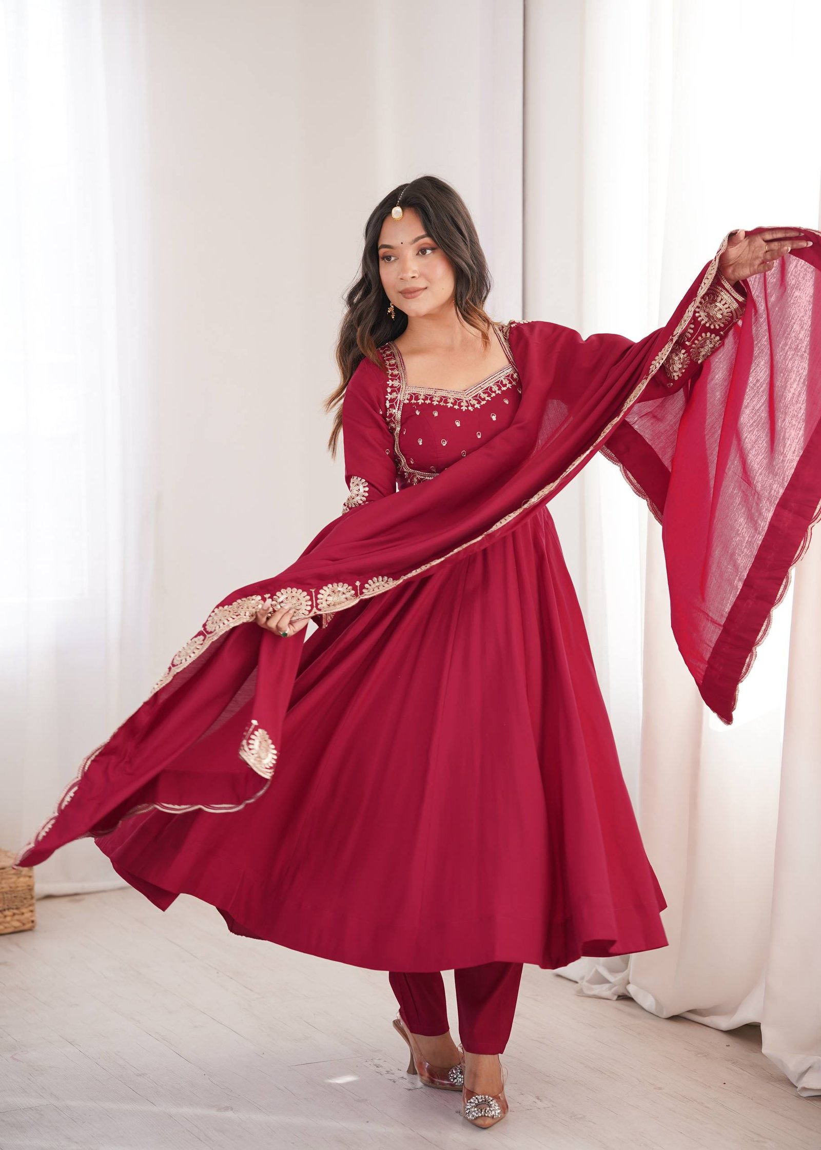 Elegant Embroidered Sequin Roman Silk Anarkali Gown Set with Chanderi Dupatta 8 Elegant Embroidered Sequin Roman Silk Anarkali Gown Set with Chanderi Dupatta