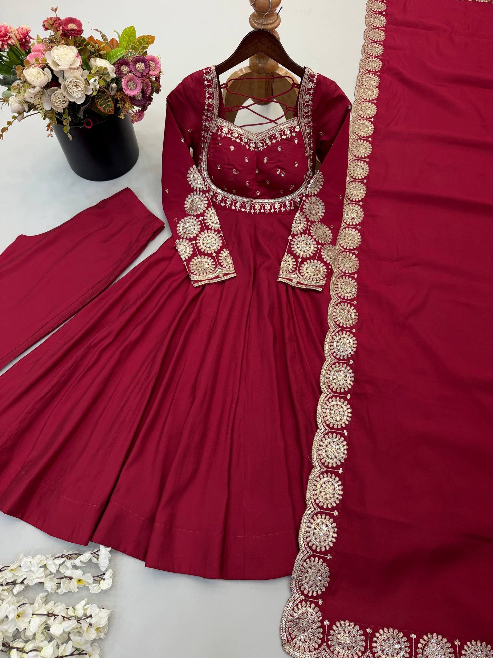 Elegant Embroidered Sequin Roman Silk Anarkali Gown Set with Chanderi Dupatta 9 Elegant Embroidered Sequin Roman Silk Anarkali Gown Set with Chanderi Dupatta
