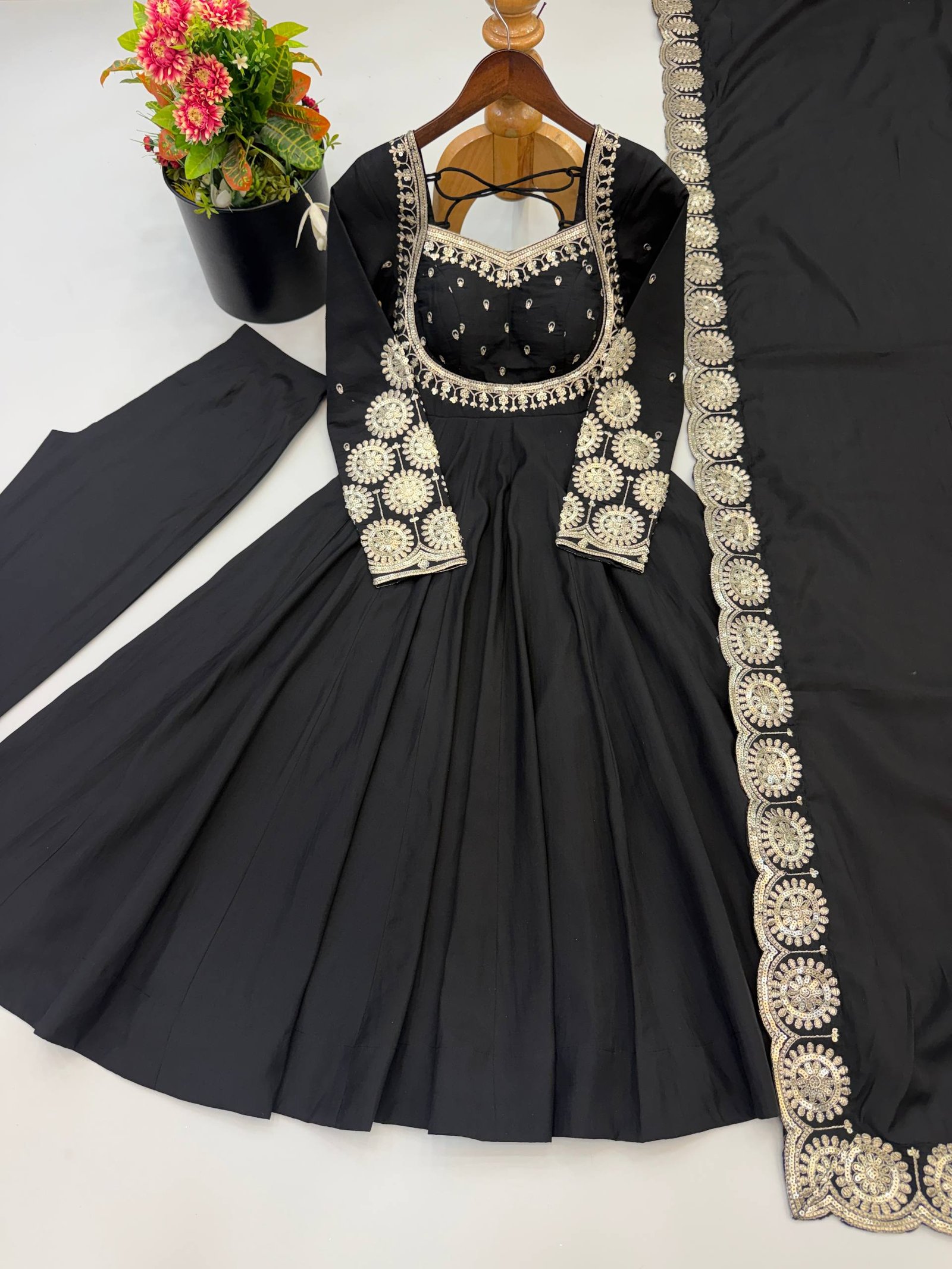 Elegant Embroidered Sequin Roman Silk Anarkali Gown Set with Chanderi Dupatta 11 Elegant Embroidered Sequin Roman Silk Anarkali Gown Set with Chanderi Dupatta