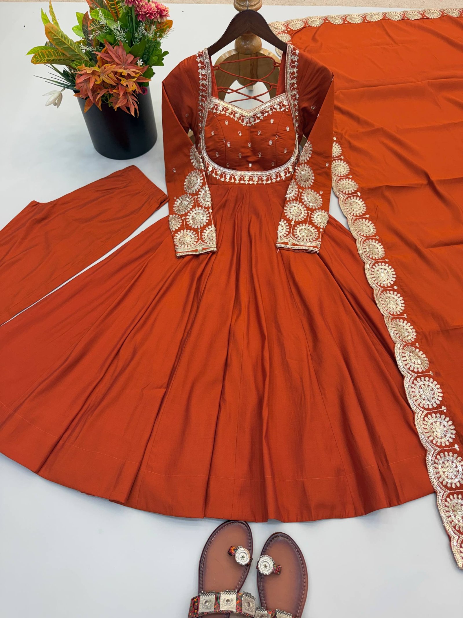 Elegant Embroidered Sequin Roman Silk Anarkali Gown Set with Chanderi Dupatta 15 Elegant Embroidered Sequin Roman Silk Anarkali Gown Set with Chanderi Dupatta