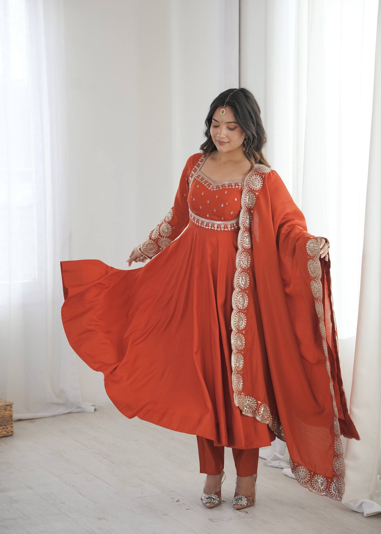 Elegant Embroidered Sequin Roman Silk Anarkali Gown Set with Chanderi Dupatta 14 Elegant Embroidered Sequin Roman Silk Anarkali Gown Set with Chanderi Dupatta