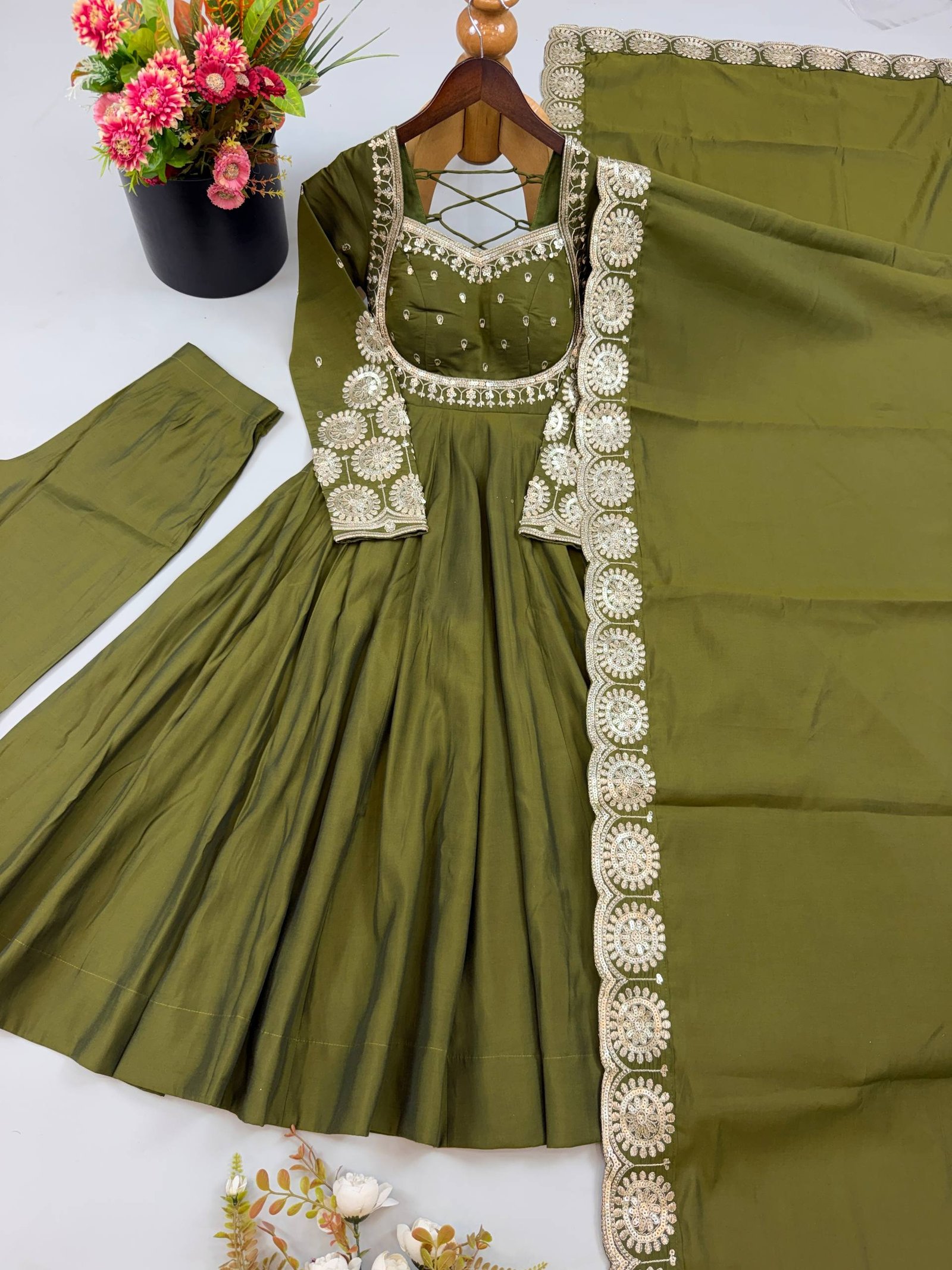 Elegant Embroidered Sequin Roman Silk Anarkali Gown Set with Chanderi Dupatta 19 Elegant Embroidered Sequin Roman Silk Anarkali Gown Set with Chanderi Dupatta