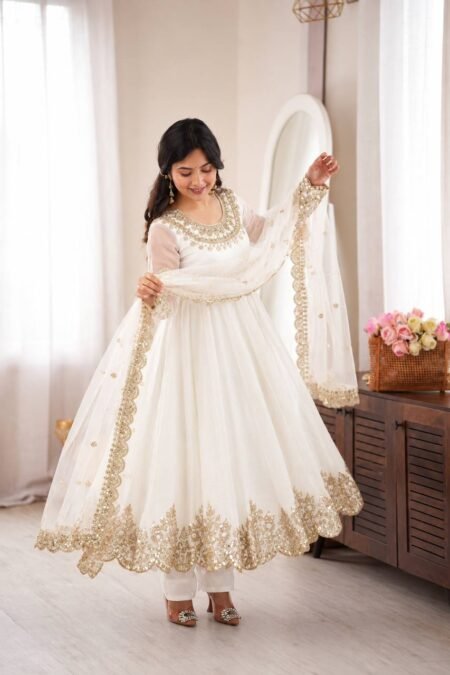 Karwa Chauth Special Designer Anarkali Gown Set with Heavy Sequin Embroidery & Net Dupatta