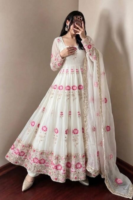 Premium Fendy Silk Designer Anarkali Gown Set with Heavy Embroidery & Dupatta
