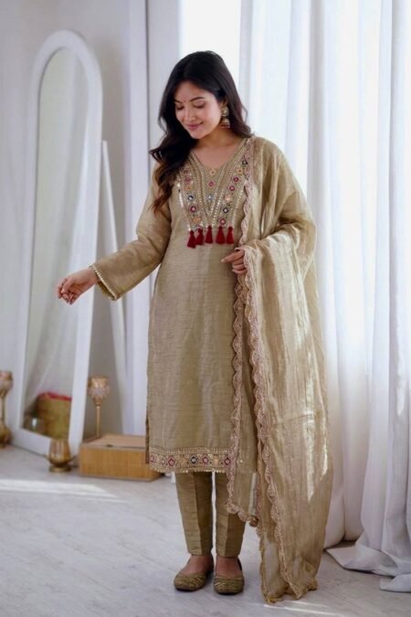 Premium Salsa Silk Embroidered Kurta Pant Dupatta Set for Women | Festive Wear