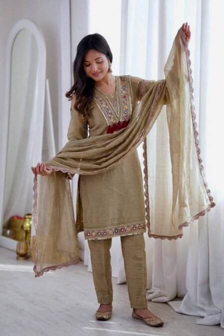 Premium Salsa Silk Embroidered Kurta Pant Dupatta Set for Women | Festive Wear